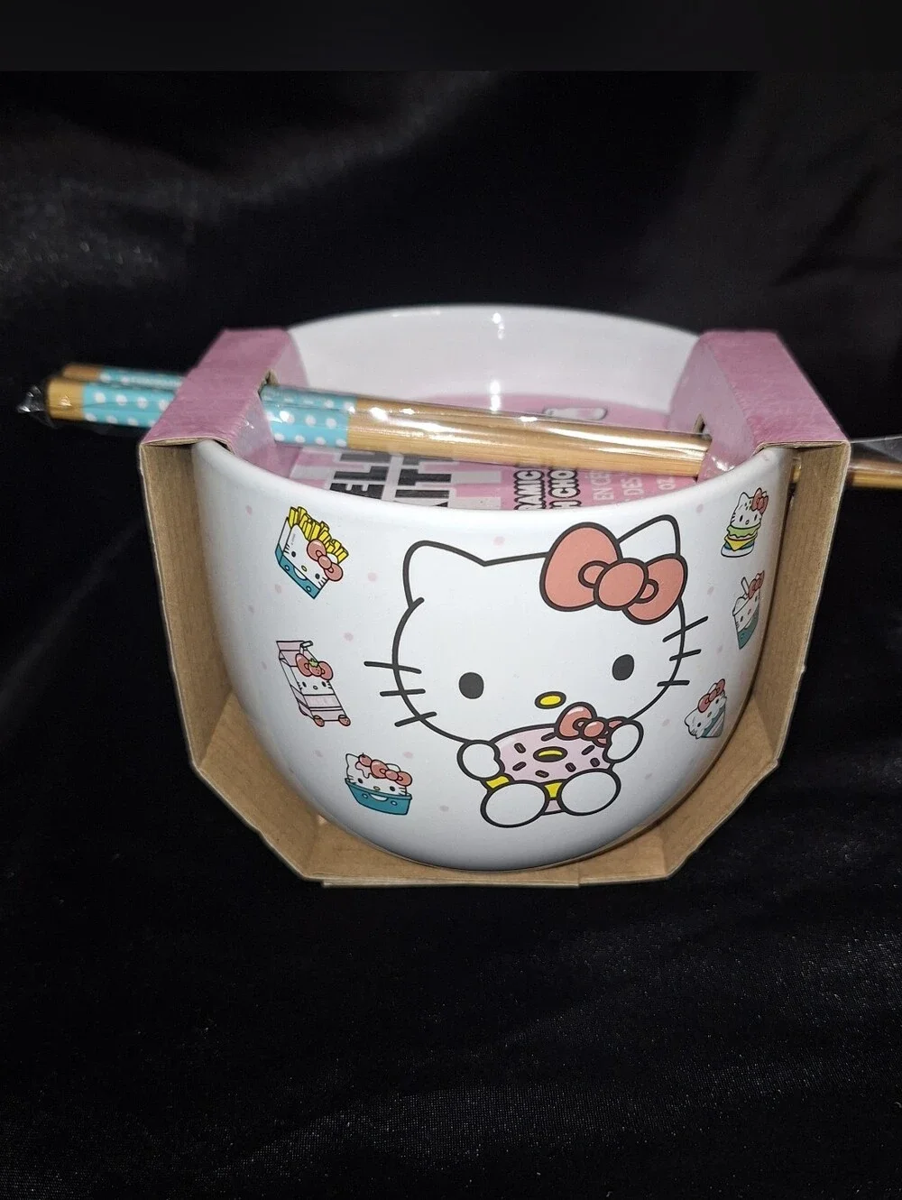 Sanrio Hello Kitty Ceramic Bowl with Pink Bow and Blue Chopsticks